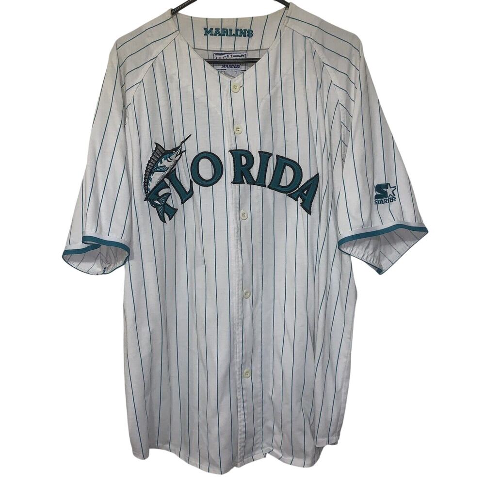 Vintage 90s MLB Florida Marlins White Teal Pinstriped Stitched Starter Jersey XL
